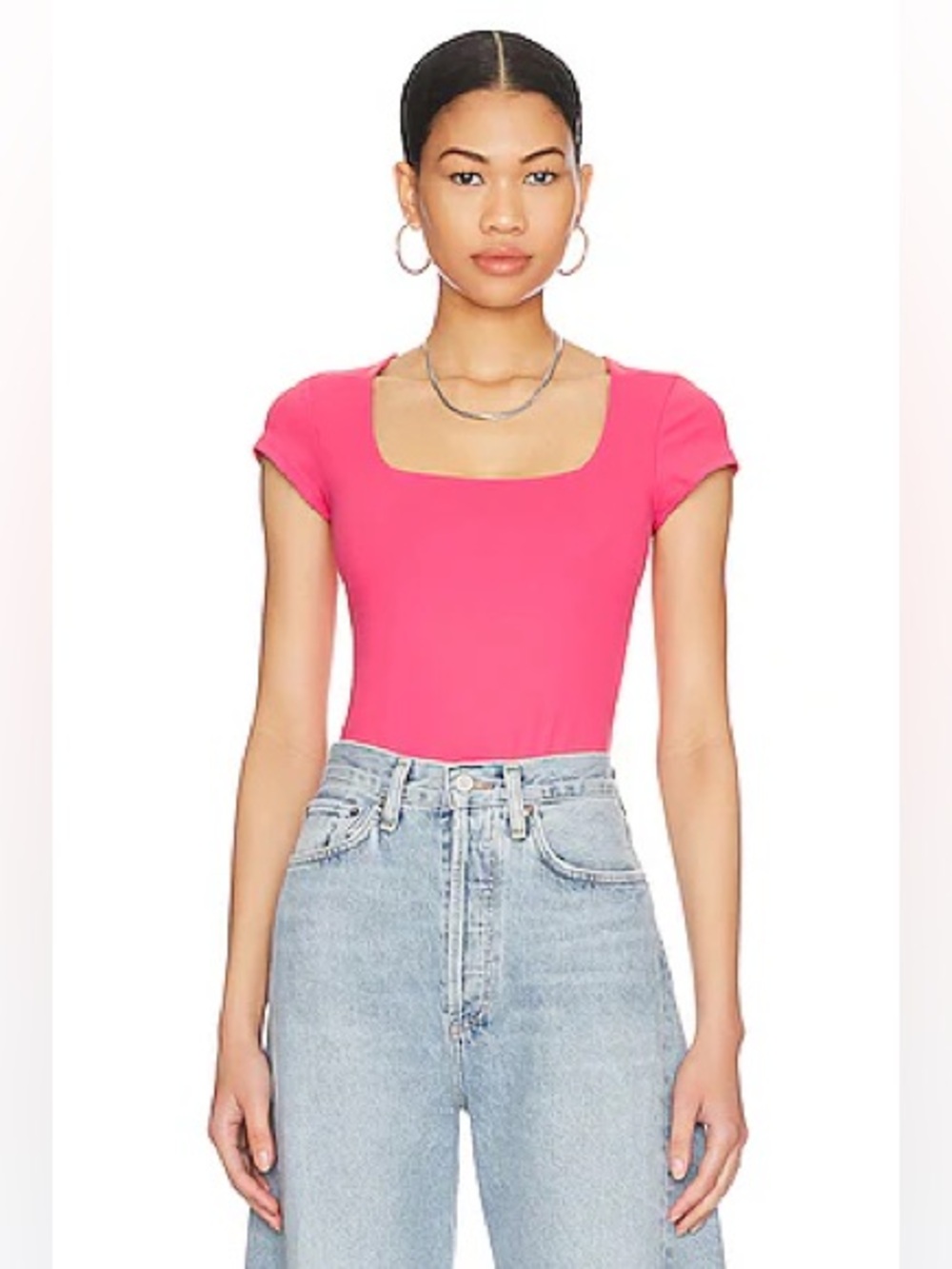 Intimately Free People Square Eyes Bodysuit Medium Hot Pink Fuchsia Square Neck